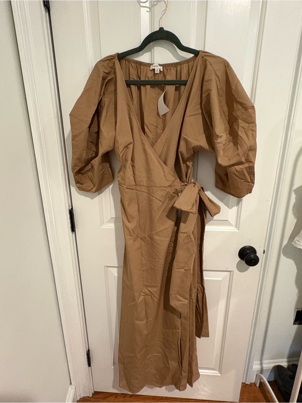Wrap Midi Dress with Puff Sleeves in Camel
